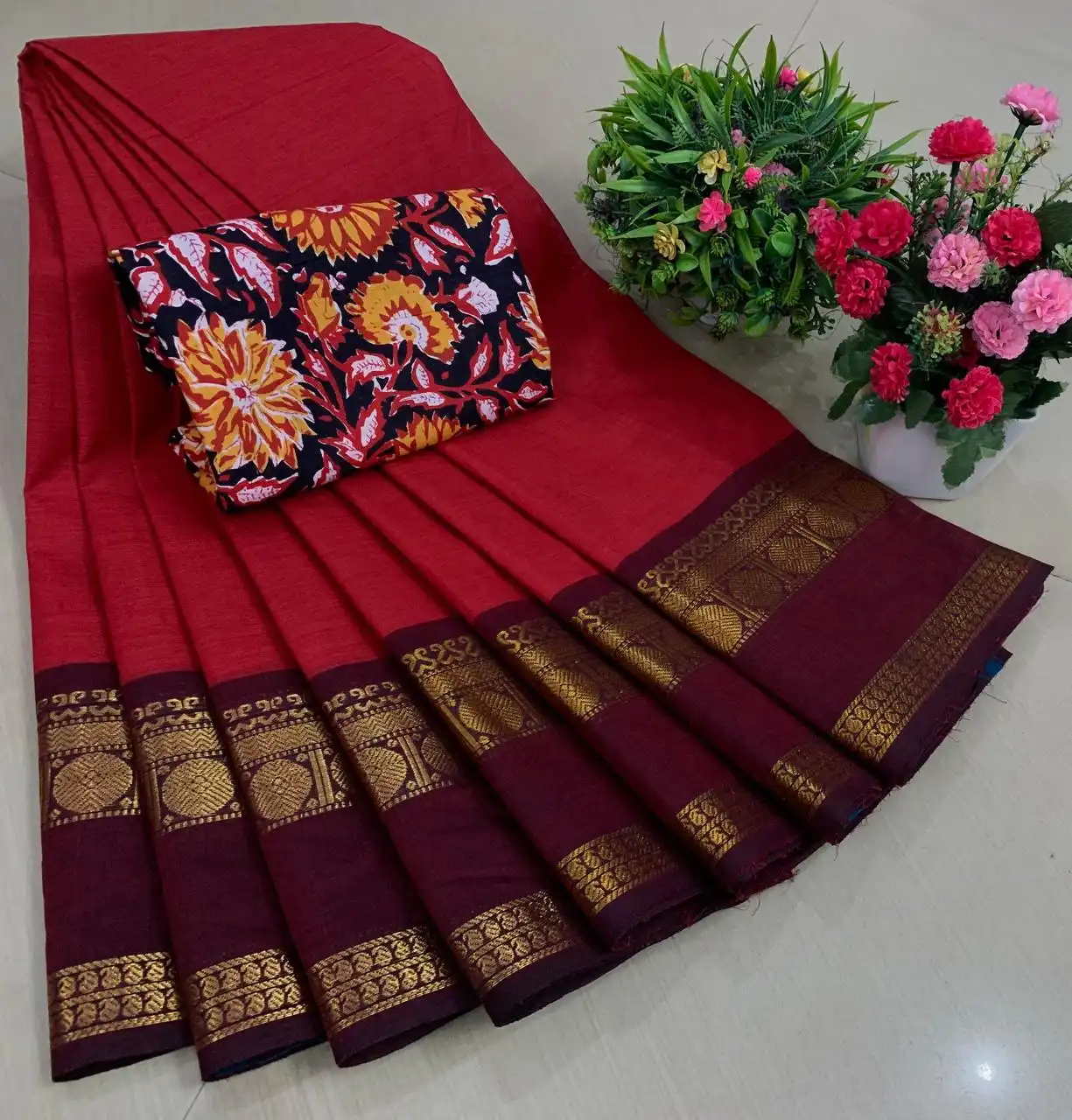 Red Maroon Contrast Zari Border Floral Pure Cotton Saree
